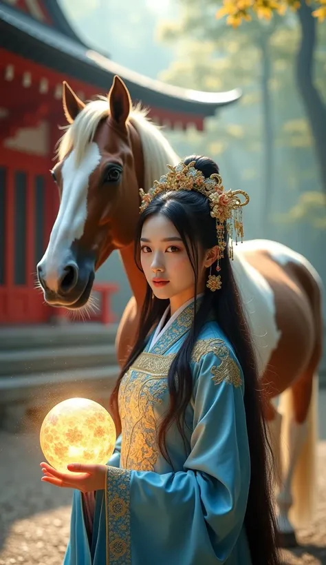 A hyper-realistic, 8K image of a Chinese goddess cosplaying as Tokai Teio from Uma Musume, standing gracefully at the forefront of a sacred Japanese shrine nestled in a tranquil forest. She faces forward, her stunning face embodying perfect golden-ratio pr...