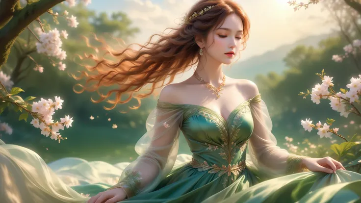 A Masterwork In 32K Resolution, Unmatched Quality, Ultra-Fine Details, Official Art, Supreme 32K Wallpaper, Gorgeous And Ethereal, Highly Detailed Features, Spellbinding Detail, Dutch Angle, Hyper-Realistic, Spring Landscape. One Girl, Solitary, Chestnut A...