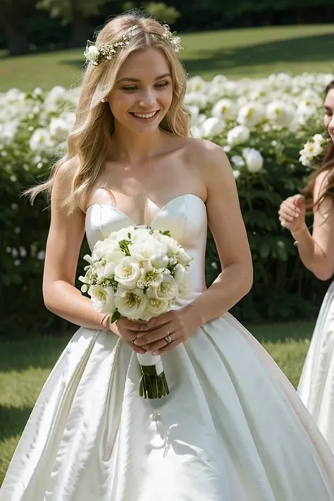 happiness, wedding dress, flowers, bride, blonde hair