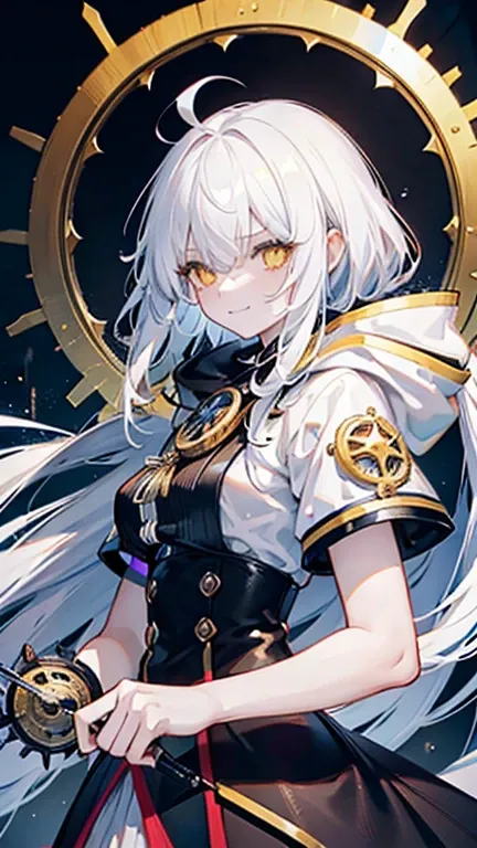 biologically correct, many gear are there, machine girel, white hair, ahoge, long hair, shiny hair, hair over one eye, hood up, mole under eye, raised eyebrows, mismatched pupils, yellow eyes, longeyelashes, sad, forced smile, anime,  UHD, retina, masterpi...