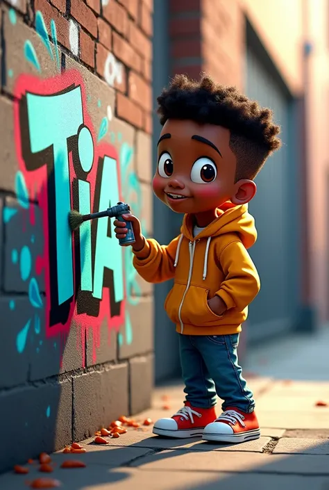 Animated black boy doing graffiti on a wall with the name of Tia Paola, Hip hop style