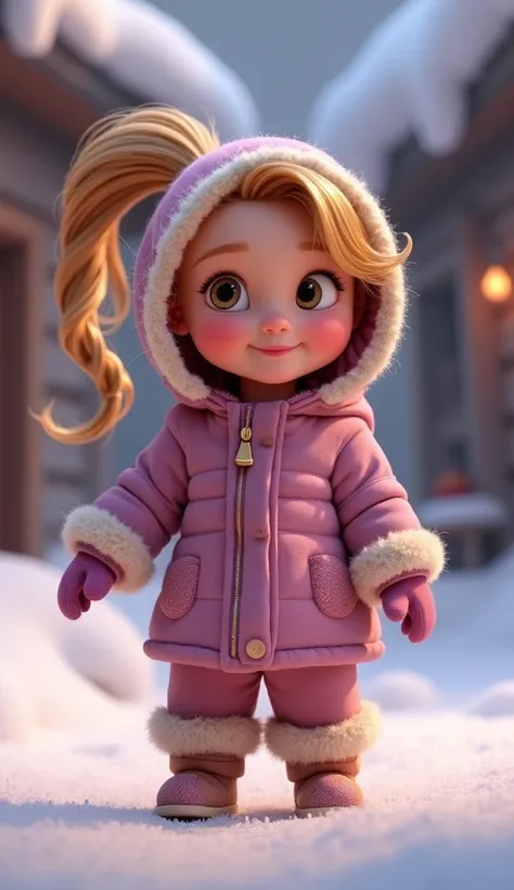 Disney Pixar style character Rapunzel baby with a ponytail that is standing up to move her walking and that she is looking in the front and wearing cold clothes