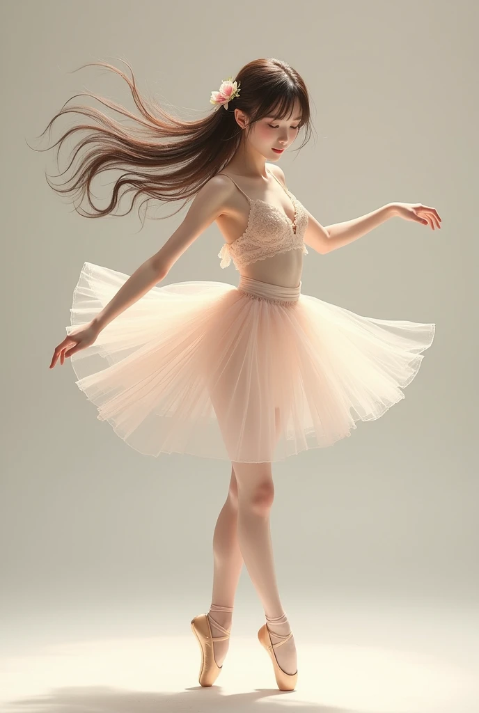 Japanese idol Girl wearing ballerina dress, full body, smile, pale white skin, ballerina shoes, long brown hair, dancing ballet 