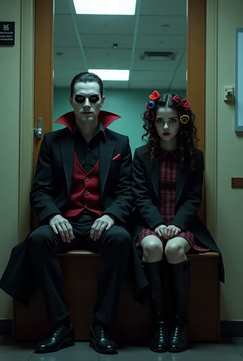  a man disguised as a vampire accompanied by a girl wearing a vampire mask who can be seen some curlers in the back. Both sitting guarding a door at the management of a school  