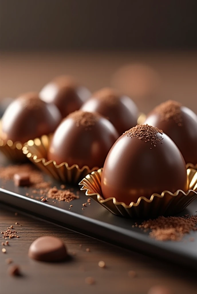 CHOCOLATES IN THE SHAPE OF HALF AN EGG, WRAPPED IN METALLIC PAPER IN A TRAY