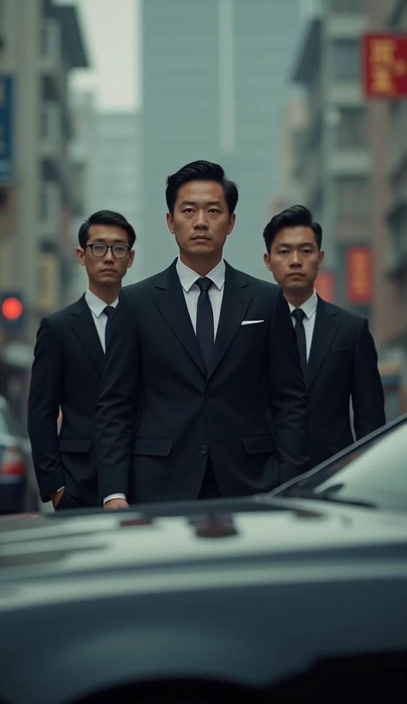 A group of Asian men , Wearing a black suit ,  standing in the distance behind the car, distance from the frame