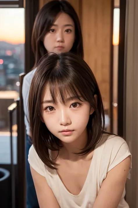 ((masterpiece)), ((photo realistic)), ((highest quality)),shiny eyes, Fair skin, puffy face, broad jawline,big beady eyes, well-proportioned Japanese girl, 15years old, (no make-up:1.2) , light brown hair, (messy hair) , (tearful face, shy smile, troubled ...