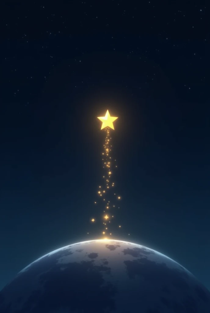 “Anime style, animated scene of a small glowing star descending from the night sky towards Earth. The star moves gently but with purpose, leaving a faint trail of golden sparkles behind. The sky above remains dark, with soft stars twinkling. The star’s glo...