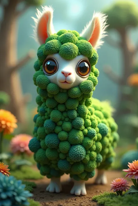 A llama with broccoli fur and lenses