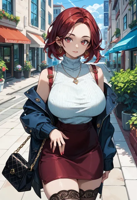 masterpiece,  best quality,  pixib,  cowboy shooting alone, Red Hair,
 1 girl , Big Breasts, ,  sleeveless, jewelry,  look at the viewers,  skirt,  Necklaces , Alone, bag,  sweater,   turtleneck ,  sleeveless   turtleneck ,  jacket,  sleeveless  sweater, l...