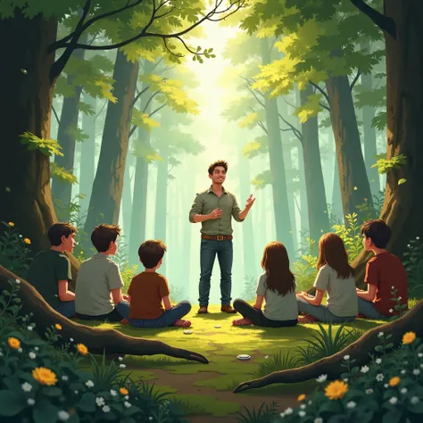 creat me a image about a class having class in the forest, the teacher is a man