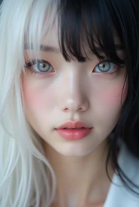 Hair half white half black Chinese white skin extremely beautiful pink lips, violet eyes 