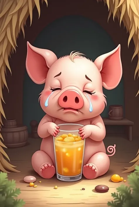 The little pig drinks juice and cries.