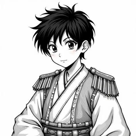 A young boy with black hair, dressed in a commanding and respectable outfit, depicted in a detailed black and white manga art style. The composition features fine linework, sharp contrasts, and intricate details, blending traditional Japanese art influence...