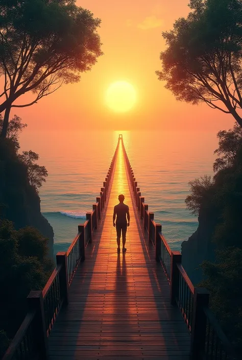 A bridge over the sea extends to infinity and has trees on both sides and the sun is at sunset and in the middle of the bridge at the end. Make someone stand at the front of the bridge and film it with the phone. The picture appears clearly on the phone as...