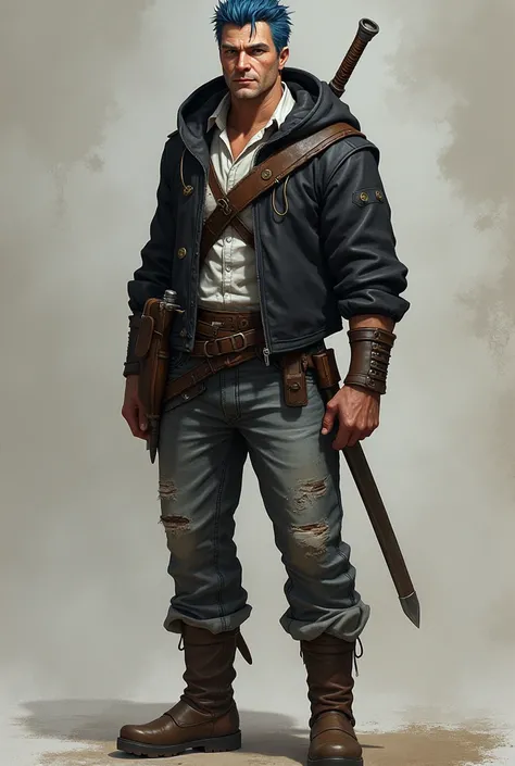 Korrow is pale, about 41 years old with short brown hair with blue tips and a single white strand, blue ocean eyes, a short black hoodie with a white shirt under it along with a brown sword holster, and gray ripped jeans with brown boots on. With a slight ...