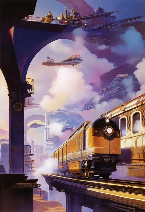 train, time travel,  Twisted Spacetime ,  spatial distortion ,  Fantastic Scenery ,  Otherworldly Cities ,  Cog Like Structures , Retro meets the future, Steam and Light ,  Unstable Energy,  Reflected Time 