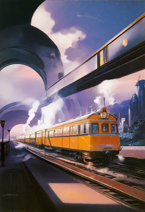 train, time travel,  Twisted Spacetime ,  spatial distortion ,  Fantastic Scenery ,  Otherworldly Cities ,  Cog Like Structures , Retro meets the future, Steam and Light ,  Unstable Energy,  Reflected Time 