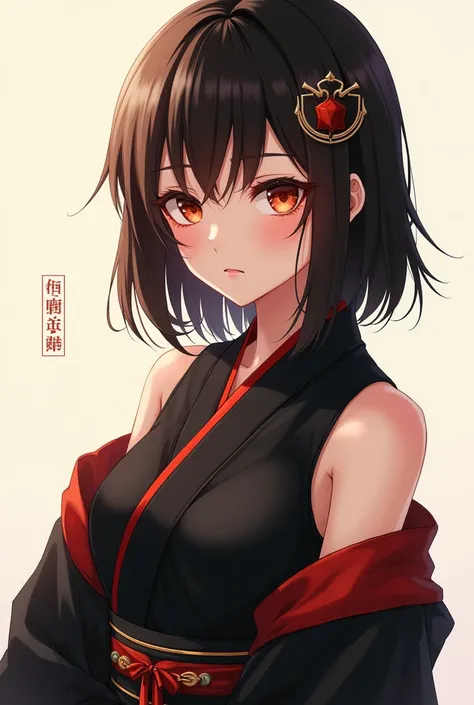  anime style , emotionless, beautiful, An endearing look, beautiful, Anime girl has dark brown hair that reaches a little short below her shoulders,  orange-eyed , light skin,  medium breasts ,  a slim body and a mole on her right shoulder , She measures 1...