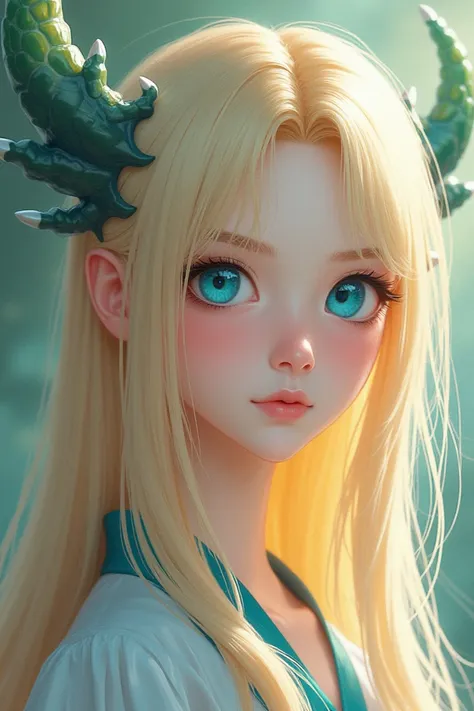 A twenty-year-old human with the theme of a blond Asian princess with blue eyes, blue eyes, Neutral look , attractive, piel Blanca, With long straight blonde hair con cabello verdes y azules, appearing  (mirando al espectador), color pastel, Oil style , Ma...