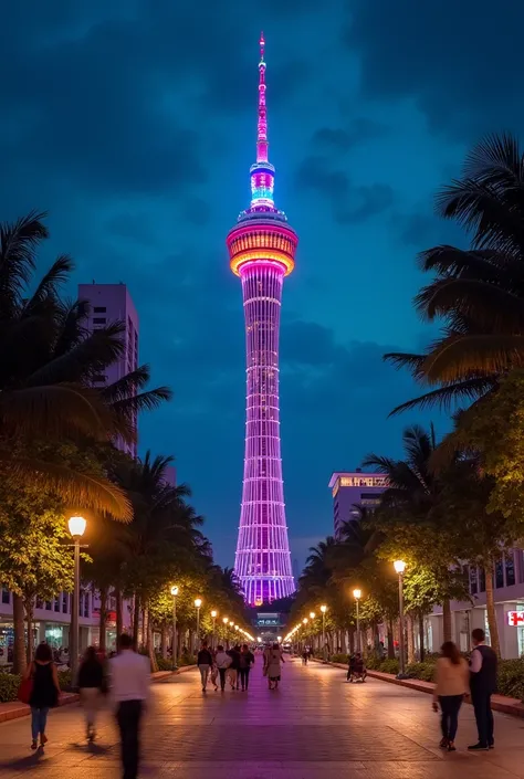 You will walk around Kuantan city in the evening 。 and marvel at the beauty of Kuantan Tower in the center of the city。 The colorful lights decorated and illuminated the tower ，Added beautiful colors 。