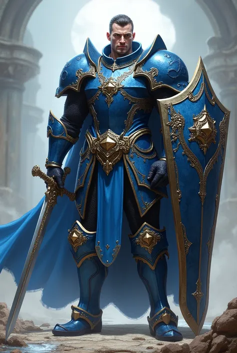 Paladin blue draconate with a long sword in one hand and a shield in the other 