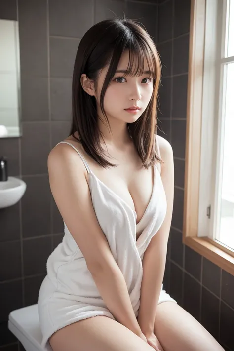 Highly detailed CG Unity 8K wallpapers, Highest quality, Very detailed, masterpiece, Realistic, Photo Real, Very detailedかわいい女の子, Age 25, blush,, Round eyes, Medium chest, The audience watching, Half Body Shot , towel , Bathroom, Sitting ,