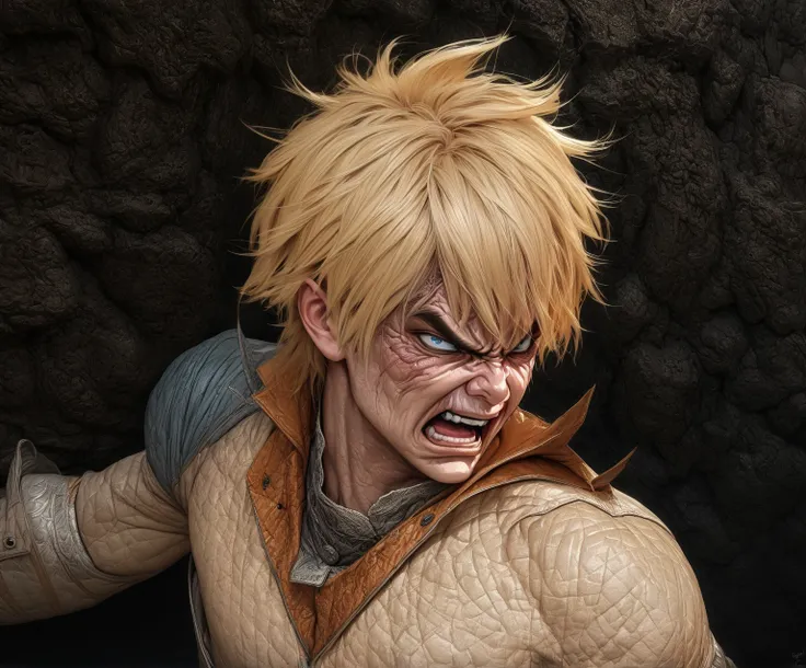 High quality, ultra realistic,absurdres, highres, ultra detailed, HDR, masterpiece, extremely detailed face and eyes,blonde, angry face ,satoru gojo face, solo, ,man, handsome, anime 