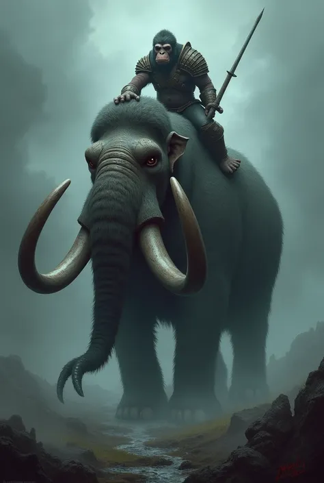 Mammoth with huge fangs terrifying look with a wild ape on top with war armor with a dark atmosphere and a lot of fog mystery terror fear 