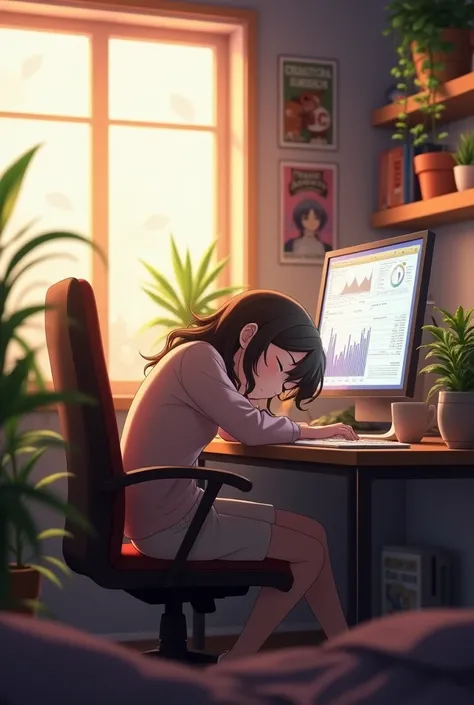 (photorealism:1.2), animated, at desk with a computer, computer showing graphs, wall has skip beat anime posters, sitting on chair, sleeping on keyboard, soft shirt, wavy hair down to the shoulders, indoors, soft lighting, plants in background, window with...