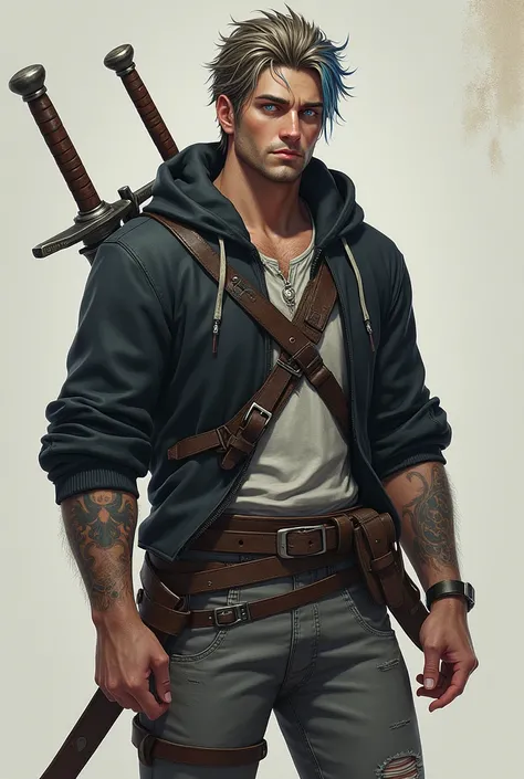 Korrow is pale, about 41 years old with short brown hair with blue tips and a single white strand, blue ocean eyes, a short black hoodie with a white shirt under it along with a brown sword holster, and gray ripped jeans with brown boots on. With a slight ...