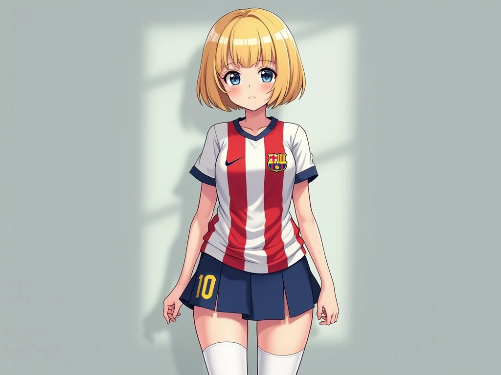  a 20-year-old BLONDE white woman with short hair (up to the neck) with bangs, From Ojosco Lor Grises using 
skirt ,  white tights and with the Barcelona shirt  (With big thighs) (Let the whole body appear )           
( let the image ) (of anime)