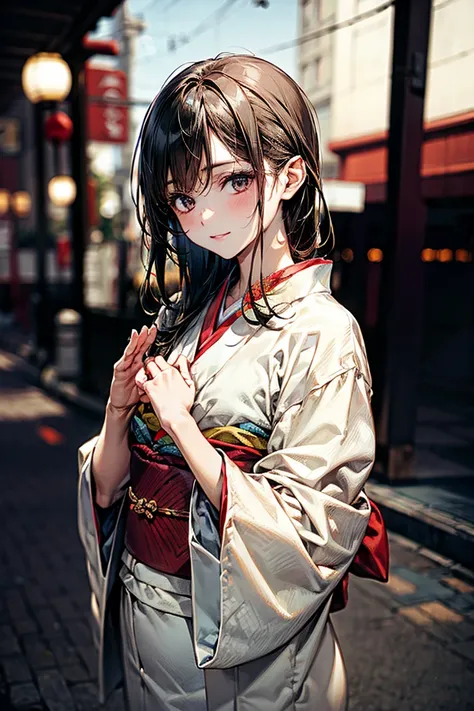 masterpiece,  best quality,  high definition ,  accurate human body、Knowledgeable person、Correct five fingers, long hair, wearing a simple robe , Im wearing a white silk robe,Open-chested, cleavage,asian woman in a kimono dress posing for a picture, Japane...