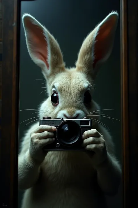 Take a picture of Donnie Darkos rabbit taking a picture in the mirror up close like the one on team camguro