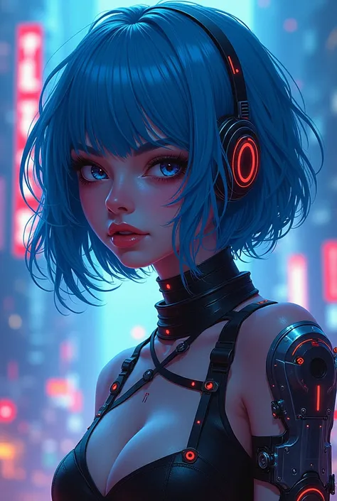 Splash art depicting a girl in cyberpunk style, she is wearing cybernetic enhancements, blue hair. The background is done in a scifi style color palette and depicts a night cityscape. Fantastical, intricately details, Splash screen, Complementary colors, f...