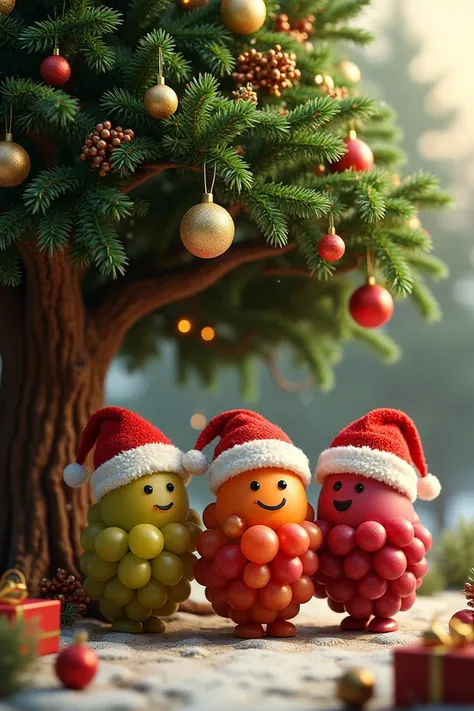  Draw under a Christmas tree , two grapes men ,  three female grapes and a tamarind tree wearing Santa Claus hats