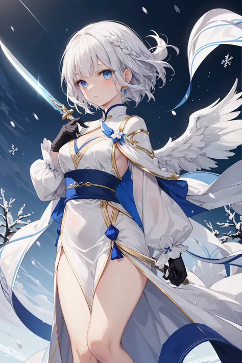   and stands tall  ，  Her long, flowing white hair falls like silk  。  She holds it in her hand The blue eyes of the two sharp swords attracted the attention of the audience ，,  Her bangs gently curves her face 。She is wearing a flowing white dress，The hem...