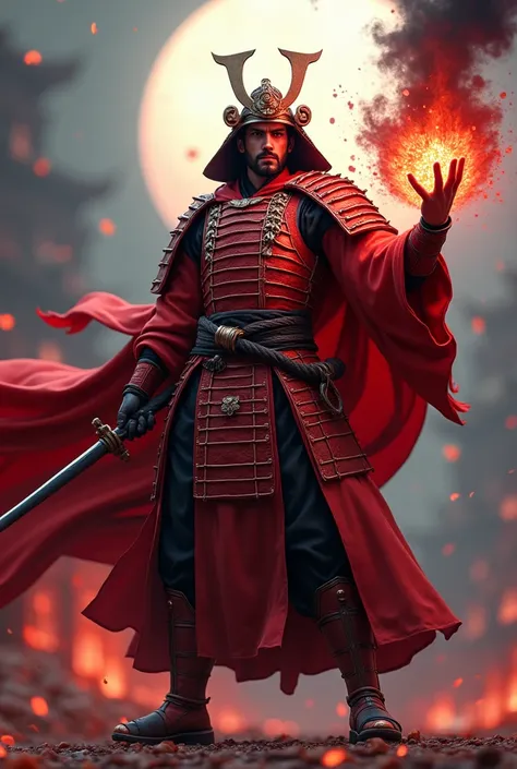 Un samouraï homme avec une armure de couleur rouge, une cape, un chapeau de samouraï, un long bâton en arme dans une main, plus un super pouvoirs noir dans l’autre main et dans un style animé réaliste 