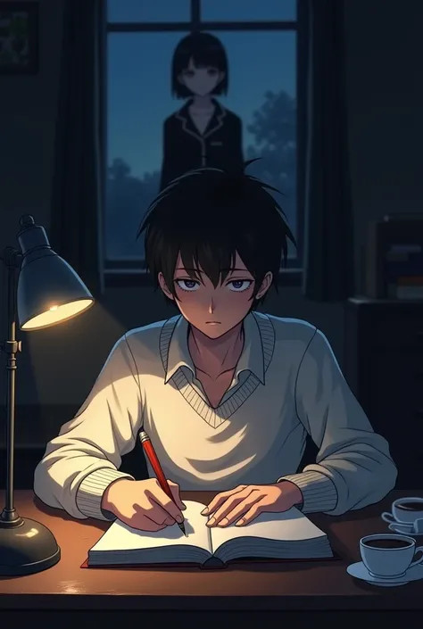 old anime style,  a man with short black hair wearing a
N old white sweater ,  sitting in front of a desk writing a book only illuminated by a lamp that barely shines slightly, He has tired purple ,  is disheveled and has a cup of tea next to him ,  The im...