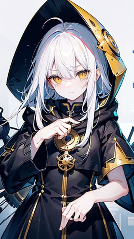 biologically correct, many gear are there, machine girel, white hair, ahoge, long hair, shiny hair, hair over one eye, hood up, mole under eye, raised eyebrows, mismatched pupils, yellow eyes, longeyelashes, sad, forced smile, anime,  UHD, retina, masterpi...