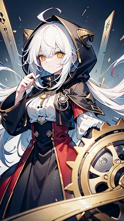 biologically correct, many gear are there, machine girel, white hair, ahoge, long hair, shiny hair, hair over one eye, hood up, mole under eye, raised eyebrows, mismatched pupils, yellow eyes, longeyelashes, sad, forced smile, anime,  UHD, retina, masterpi...