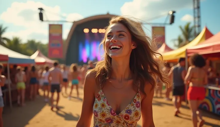 Young woman enjoys summer music fest