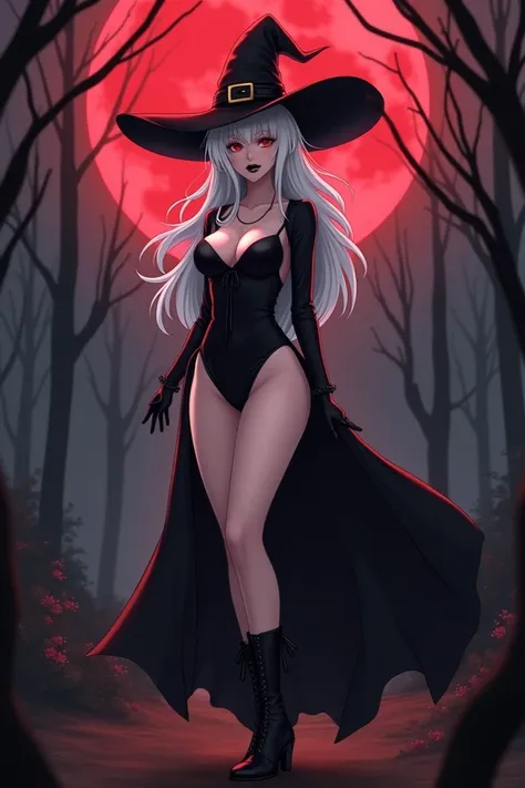  Beautiful sensual witch with fair skin black lips ,  red eyes, white straight hair,  in a one-piece swimsuit low cut narrow waist big tits ,  very wide hips, big ass, with a big tail dress , All of her clothes are black,  witchs black hat black boots with...