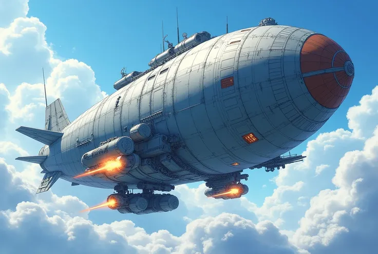 A giant airship-shaped robot is soaring through the vast sky. The scene is depicted in 4K resolution with an official Japanese manga art style. The robots surface reflects the texture of the airships envelope, giving it a unique appearance. High-performanc...