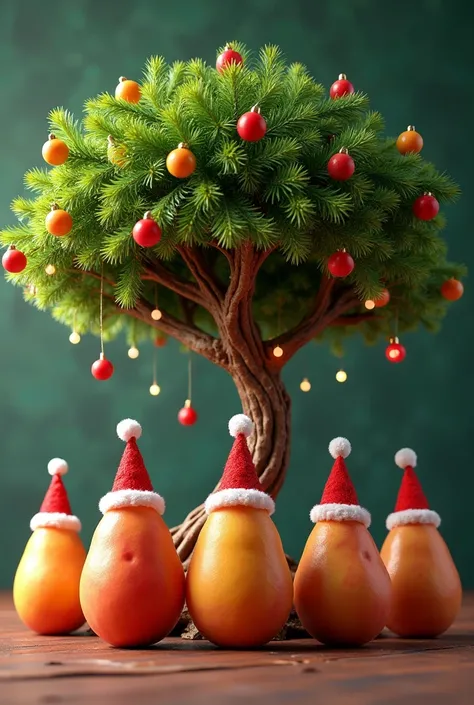  Draw under a Christmas tree , Five grapes and a tamarind tree wearing Santa Claus hats