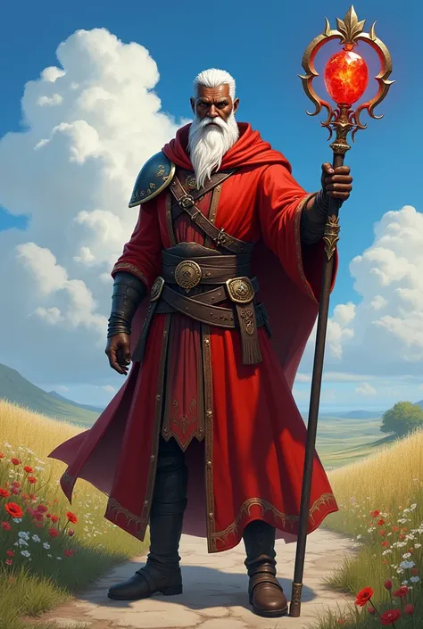 In RPG style, in style of Dungeons & Dragons, in style of fantasy painting. Full body view, looking at the viewer. image of a   male mage,  holding magical metal staff with a small red crystal on top. Black skin.  short white  hair. short white beard. Red ...