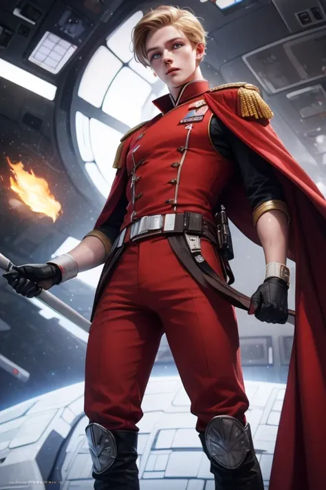  Portrait of a young Caucasian man , 24 years old. Norwegian features ,  short blond military haircut , blue eyes,  wearing a uniform of an imperial Red Star Wars officer, NO BUTTONS, red tunic,  red jodhpur pants ,  black boots , red cape, black gloves, S...