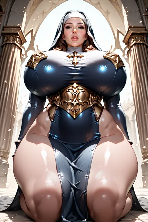 Masterpiece, highest quality, detailed face, detailed eyes, detailed lips, detailed chest, on knees in prayer, pensive expression, from below, a beautiful warrior nun, gradient brown hair, freckles, arms covered in armor, large breasts, full breasts, perky...