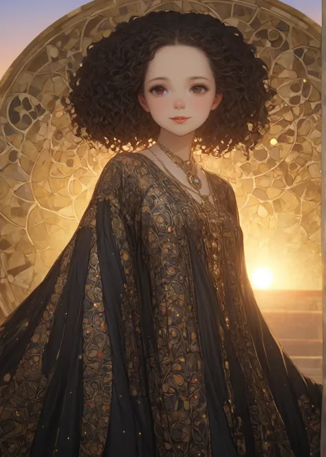 1 girl tiny body, large head, little fat, smile, half open mouth, brown eyes, forehead, black curly hair, low twintails hair, dot pattern medieval aristocratic luxury robe, Decolletage,  medium tits, full body, sunset, cute action, shy, looking away, Gusta...