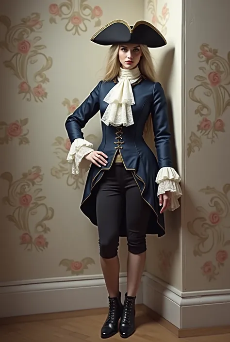  
a misterious woman figure, dressed in 1710s Mens versailles Mens Suit. A Historical rococo costume with a navy blue frock coat, ,lace cuffs, Lace ruffled Jabot Cravat, , tricorn hat ,long haircut, knee length breeches

